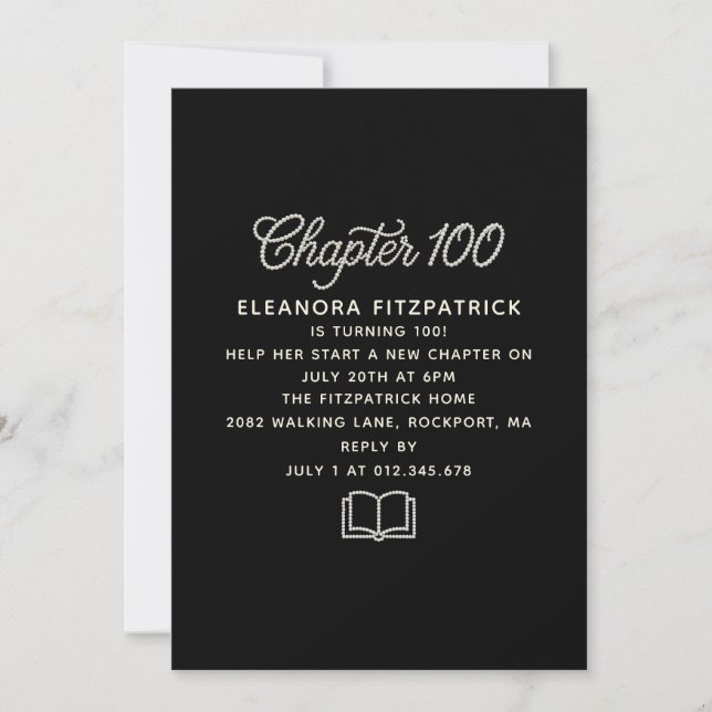 Invitación Cumpleaños número 100 Guión Perla Blanco Negro Cap (Anverso)