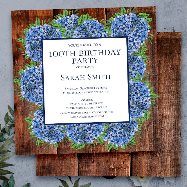 Invitación Cumpleaños número 100 Hortensias Azules de Madera  (Subido por el creador)