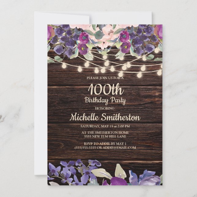 Invitación Cumpleaños número 100 luces de cuerda rústicas flo (Anverso)