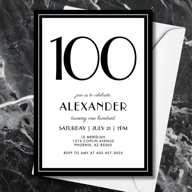 Invitación Cumpleaños número 100 negro y blanco moderno minim (A chic black & white invitation that blends modern minimal design with elegance for 100th birthday.)
