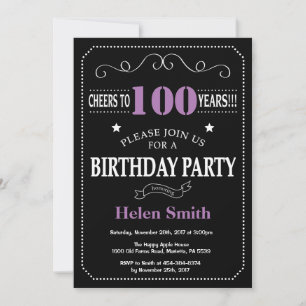 Invitación Cumpleaños número 100 Pizarra de tiza púrpura y ne