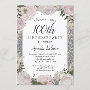 Invitación Cumpleaños número 100 Sparkle Pink Silver Floral
