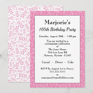 Invitación Cumpleaños número 105 Fiesta Patrón de número Rosa