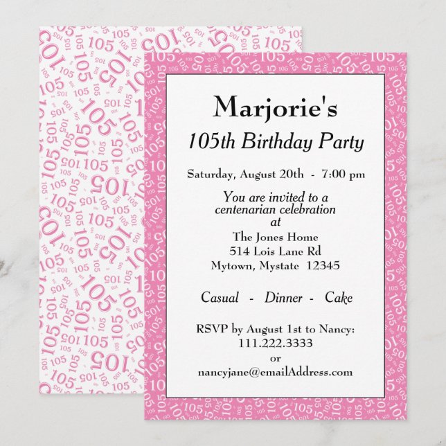Invitación Cumpleaños número 105 Fiesta Patrón de número Rosa (Anverso / Reverso)