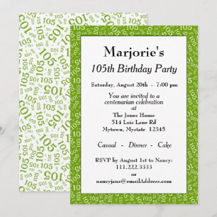 Invitación Cumpleaños número 105 Patrón de números verde/blan