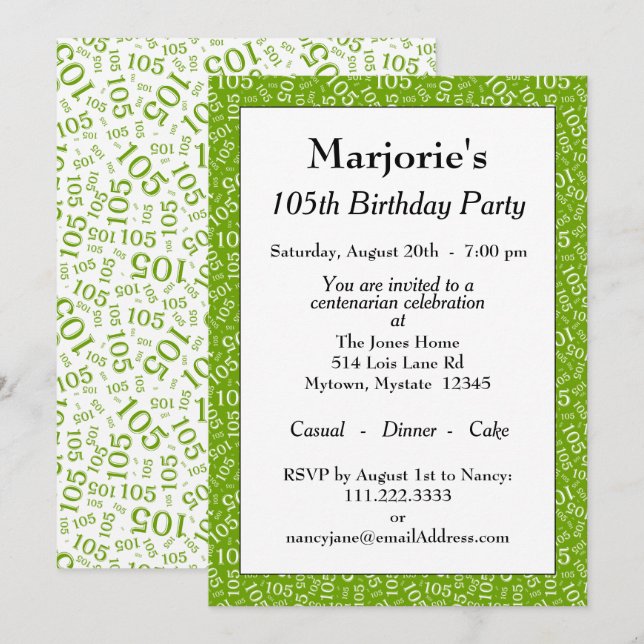 Invitación Cumpleaños número 105 Patrón de números verde/blan (Anverso / Reverso)