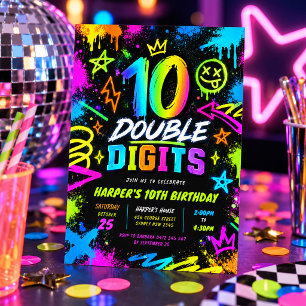 Invitación Cumpleaños número 10 con graffiti neón colorido