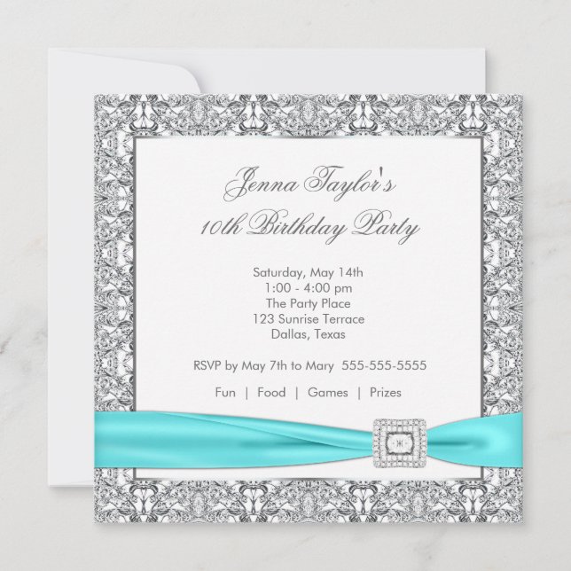 Invitación Cumpleaños número 10 de niñas azul turquesa con en (Anverso)