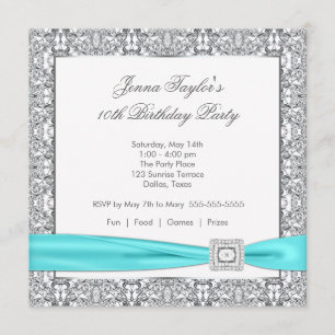 Invitación Cumpleaños número 10 de niñas azul turquesa con en