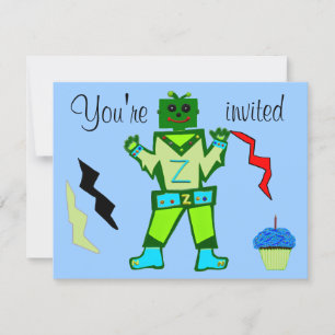 Invitación Cumpleaños número 10 Robot Verde Niño y Estrellas 