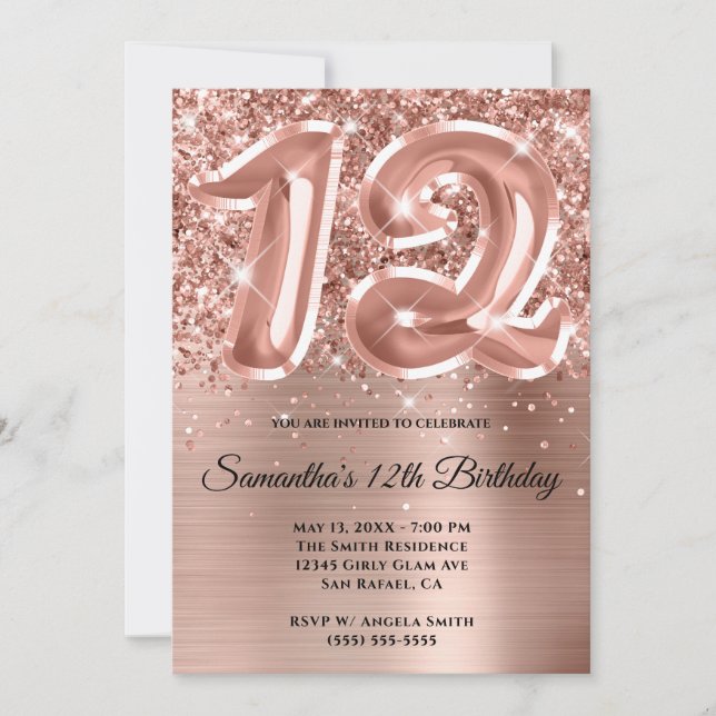 Invitación Cumpleaños número 12 con brillo Glittery Rosa Dora (Anverso)