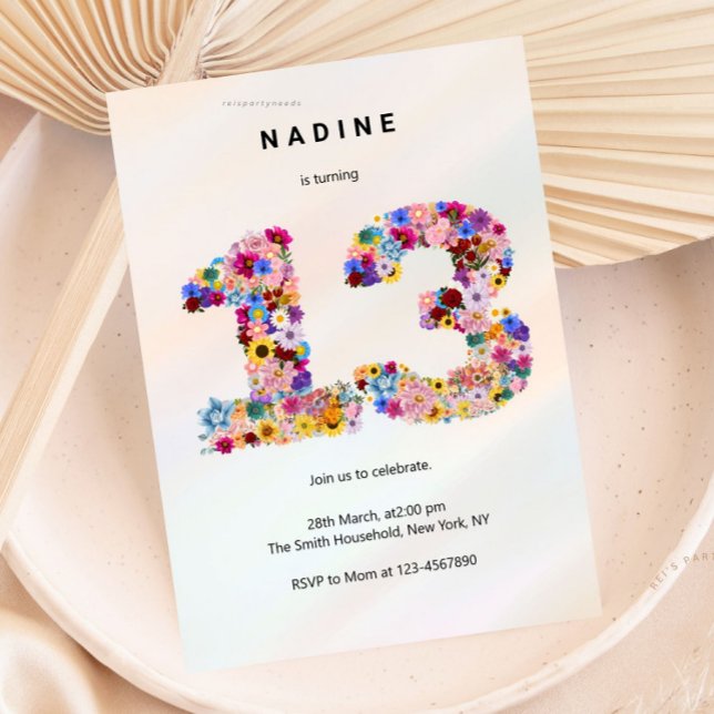 Invitación Cumpleaños número 13 con flores rosadas de jardín  (boho soft pink floral, flower arrangement, invitation invite, cute unique girly, elegant modern, bir)