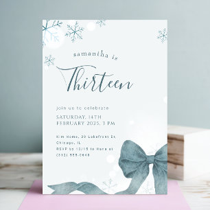 Invitación Cumpleaños número 13 de Blue Bow Winter Snowflake