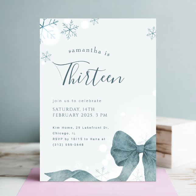 Invitación Cumpleaños número 13 de Blue Bow Winter Snowflake (Subido por el creador)