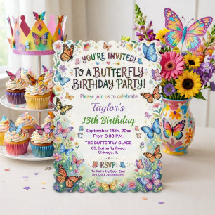 Invitación Cumpleaños número 13 de Mariposas Coloridas