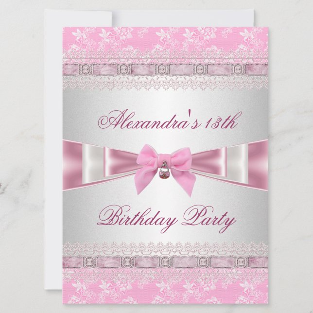 Invitación Cumpleaños número 13 Fiesta Rosa Blanco Floral Dam (Anverso)