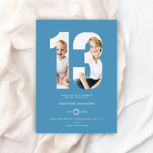 Invitación Cumpleaños número 13 personalizado azul para chico