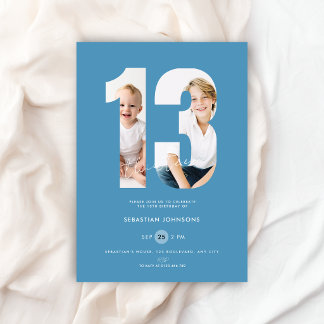 Invitación Cumpleaños número 13 personalizado azul para chico