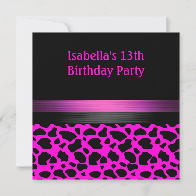 Invitación Cumpleaños número 13 Rosa Fucsia Negro Patrón Anim (Anverso)