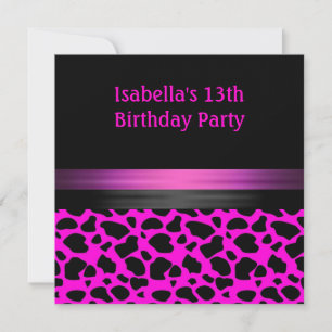 Invitación Cumpleaños número 13 Rosa Fucsia Negro Patrón Anim