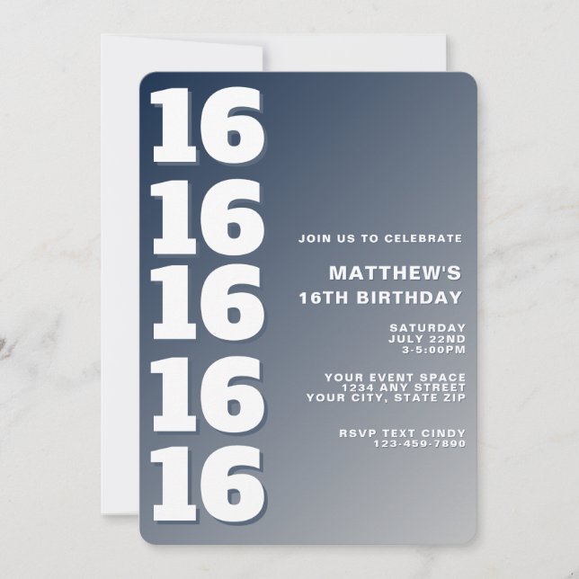 Invitación Cumpleaños número 16 con gradiente azul gris moder (Anverso)