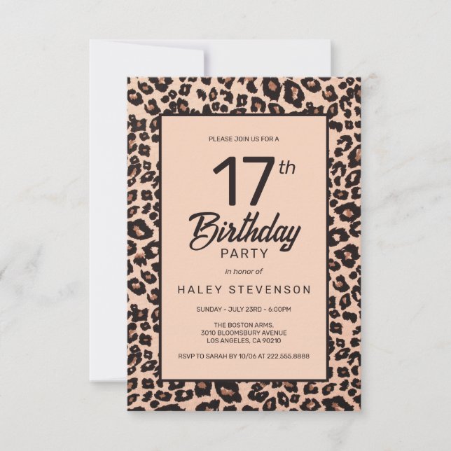 Invitación Cumpleaños número 17 de moda con estampado de leop (Anverso)
