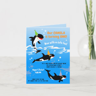 Invitación cumpleaños número 1 bajo el mar orca ballena niña