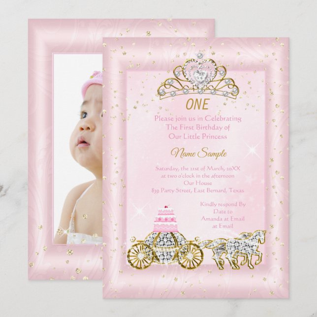 Invitación Cumpleaños número 1 Cenicienta Carruaje Rosa Claro (Anverso / Reverso)