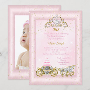Invitación Cumpleaños número 1 Cenicienta Carruaje Rosa Claro