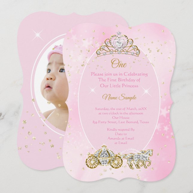 Invitación Cumpleaños número 1 Cenicienta Carruaje Rosa Foto (Anverso / Reverso)