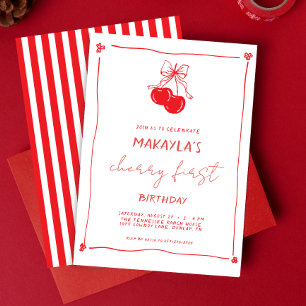 Invitación Cumpleaños número 1 con cereza dibujada a mano roj