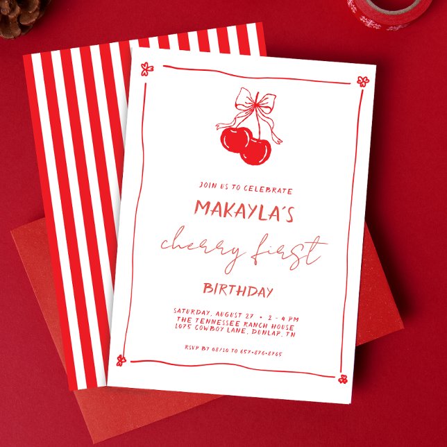 Invitación Cumpleaños número 1 con cereza dibujada a mano roj (Subido por el creador)