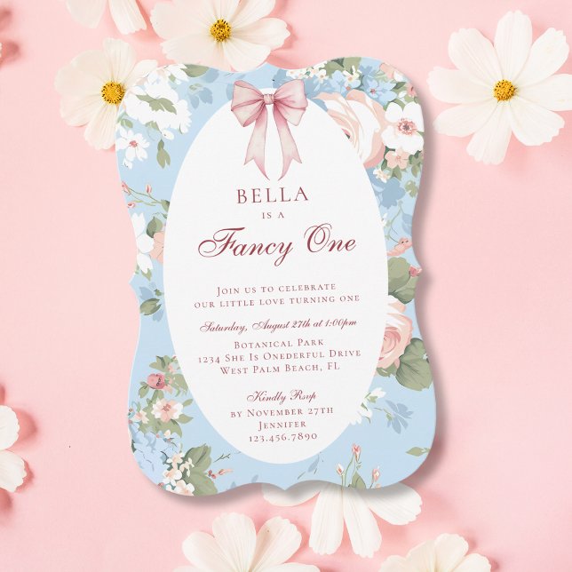 Invitación Cumpleaños número 1 con lazo floral rosa azul eleg (Subido por el creador)