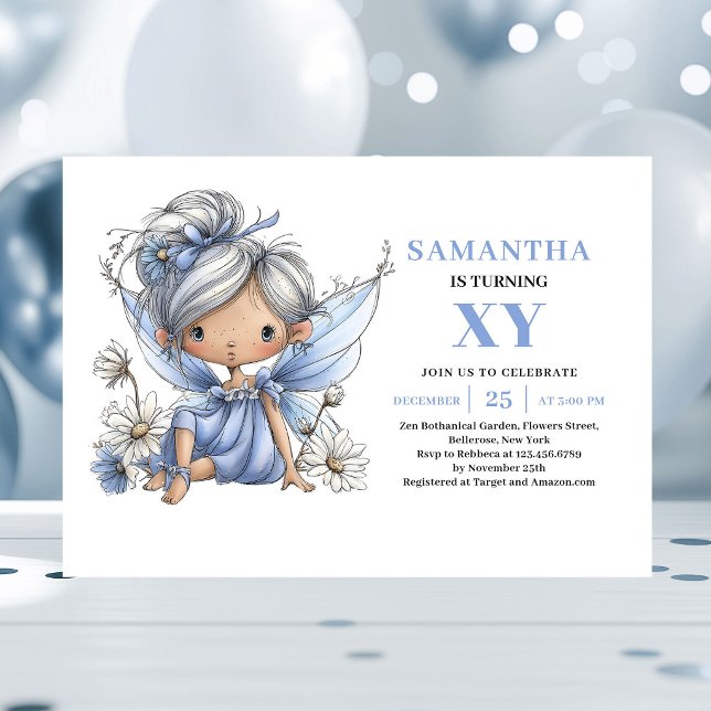 Invitación Cumpleaños número 1 de adorable niña hada azul pas (Adorable Blue Fairy Girl 1st Birthday Pastel invitation)