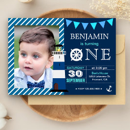 Invitación Cumpleaños número 1 de bebé niño tema náutico azul