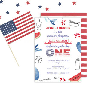 Invitación Cumpleaños número 1 de béisbol rojo blanco y azul