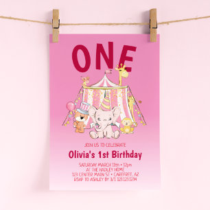 Invitación Cumpleaños número 1 de Circo Rosa Rojo Intenso