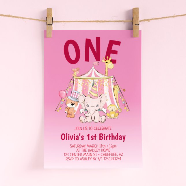 Invitación Cumpleaños número 1 de Circo Rosa Rojo Intenso (Subido por el creador)