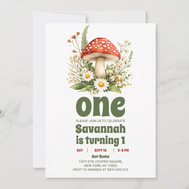 Invitación Cumpleaños número 1 de Garden Mushroom (Anverso)