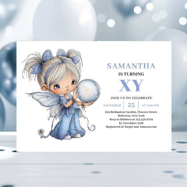 Invitación Cumpleaños número 1 de la soñadora niña hada azul  (Dreamy Blue Fairy Girl 1st Birthday Pastel invitation)