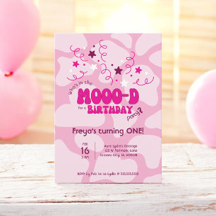 Invitación Cumpleaños número 1 de la vaca rosa con estampado