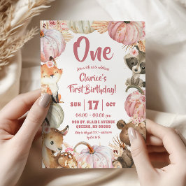 Invitación Cumpleaños número 1 de niña calabaza boho bosque r