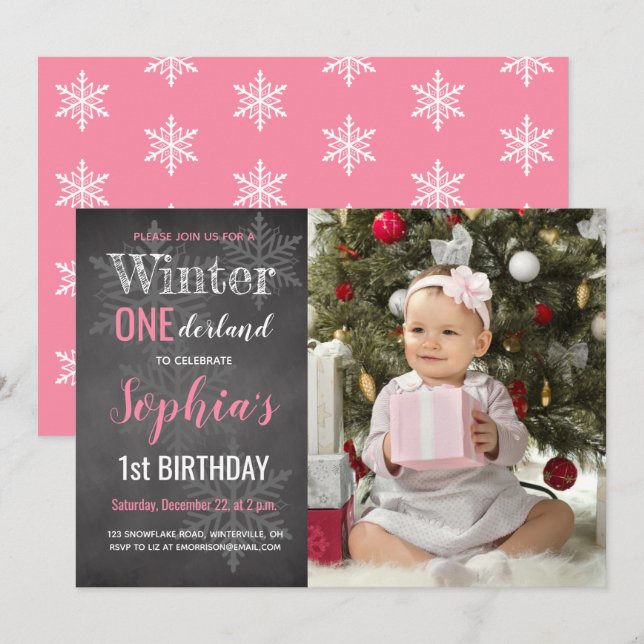 Invitación Cumpleaños número 1 de niña con pizarra de inviern (Anverso / Reverso)