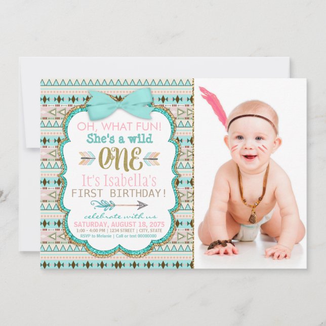 Invitación Cumpleaños número 1 de Niñas Boho Tribal Wild One (Anverso)