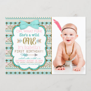 Invitación Cumpleaños número 1 de Niñas Boho Tribal Wild One