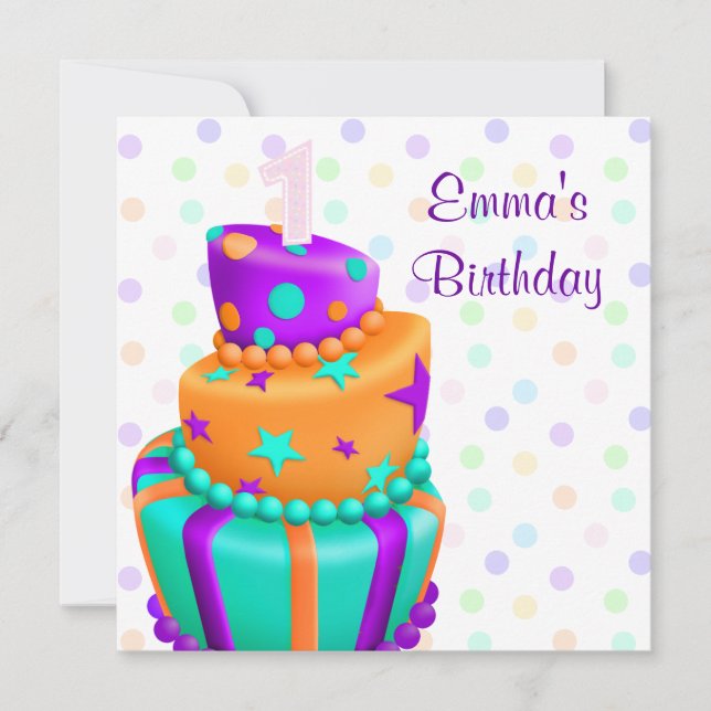 Invitación Cumpleaños número 1 de niñas presentado por pastel (Anverso)