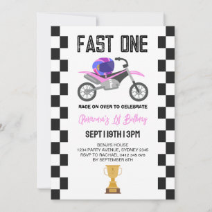 Invitación Cumpleaños número 1 de niñas rosadas en moto de cr
