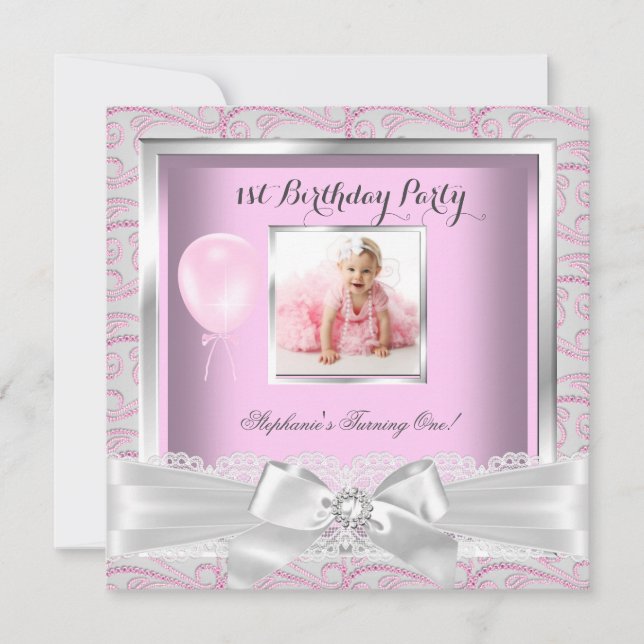 Invitación Cumpleaños número 1 de niñas rosado diamantes (Anverso)