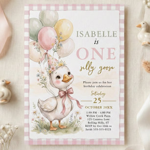 Invitación Cumpleaños número 1 de One Silly Goose Pink Gingha