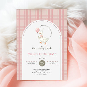 Invitación Cumpleaños número 1 de Pato Tonto con lazo rosa de